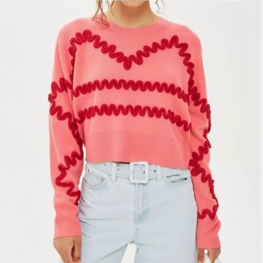 Cider Coral Pink Raised Red Squiggle Wave Cropped Trendy Pullover Knit Sweater